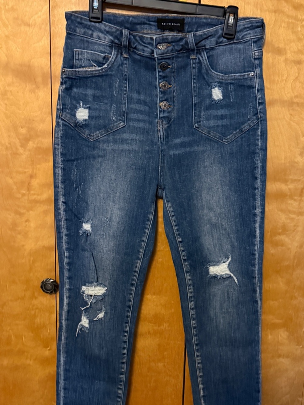 Risen Jeans high-rise fit, button fly, and distressed size 13